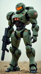 Fototapeta premium Military-style robot in green armor holding weapon
