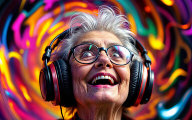 Portrait of an older woman in modern style listening to and enjoying music with her headphones