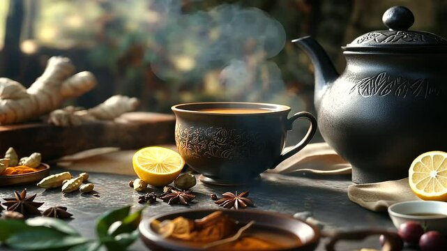 A ceramic teacup of ginger tea with lemon on a table, surrounded by an artistic arrangement of spices, including star anise, cardamom pods, and turmeric root, under soft, natural l