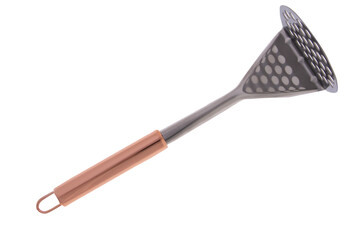 metalmasher with a copper-colored handle. The head has slots for draining and is likely used for cooking or serving food