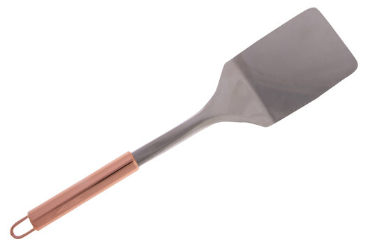 metal spatula with a copper-colored handle. The head has slots for draining and is likely used for cooking or serving food