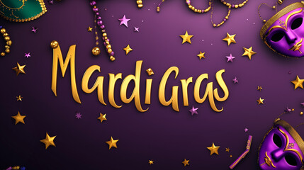 Purple and gold Mardi Gras decorations with beads and stars.