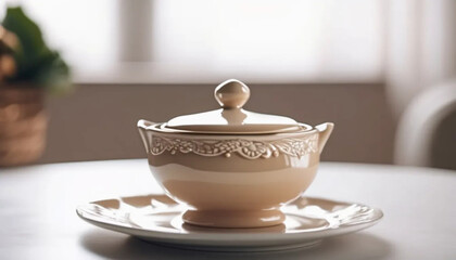 Fototapeta premium elegant beige sugar bowl on the table.
