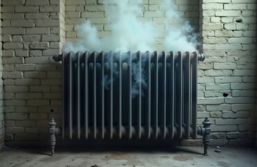 Old industrial radiator releases steam in dark room. Vintage heating system in urban interior. Brick wall, floor show decay. Heavy metal, steam showcase industrial grunge. Warmth emanates from