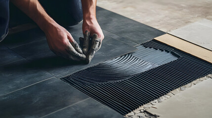 A worker laying dark grey ceramic floor tiles on an adhesive surface.