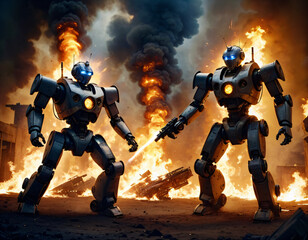 Naklejka premium Fighting robots break through with battle through fire and smoke.