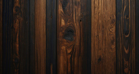 Dark wooden texture or background with vertical planks. Effect of burnt wooden surface or wall. Rustic wood board. Top or front view. For banner, poster, advertising, design