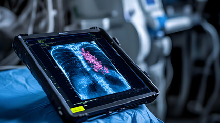 Digital X-ray Image Shows Lung Condition on Tablet Screen in Operating Room with Medical Technology and Advanced Healthcare Theme.