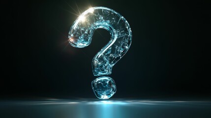 Glowing, fractured glass question mark, dark background.