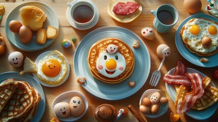 Obraz premium A cheerful breakfast spread with pancakes, eggs, waffles, bacon, and coffee.