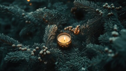 a candle is lit in a pine tree