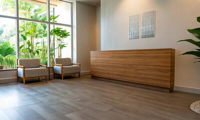 A modern reception area featuring plants and a wooden desk, promoting a welcoming atmosphere.