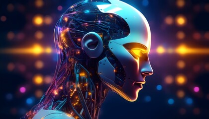 Humanoid robot head with yellow eyes and vibrant neon neural network side view. Machine learning and artificial intelligence concept