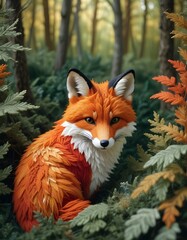 Fototapeta premium A detailed needlework depiction of a fox, intricately crafted from colorful wool, set against a textured forest background, emphasizing a cozy, hand-stitched aesthetic