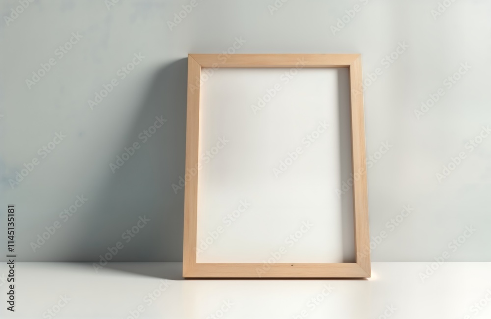 Aufkleber empty light brown wooden picture frame sits tilted on light background. minimalist design, simple fo