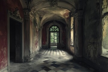 Fototapeta premium Decaying hallway, arched entry, checkered floor, light from window.