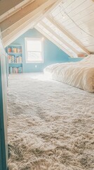 Cozy attic bedroom with a large bed and bookshelves.