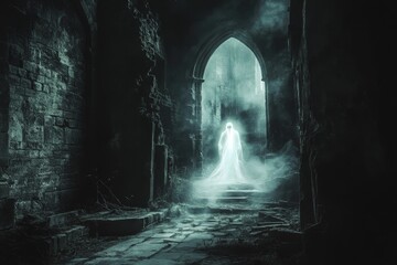 Ethereal figure in crumbling, dark archway.