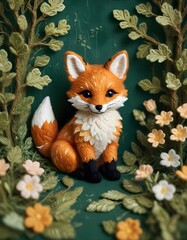 A detailed needlework depiction of a fox, intricately crafted from colorful wool, set against a textured forest background, emphasizing a cozy, hand-stitched aesthetic