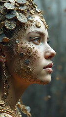 Profile of a woman adorned with gold coins and intricate details