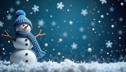 Obraz premium Festive snowman scene. Snowman with blue hat, scarf stands on snowy ground. Snowflakes fall in blue background. Minimalist, elegant festive composition. Suitable for Christmas cards invitations.