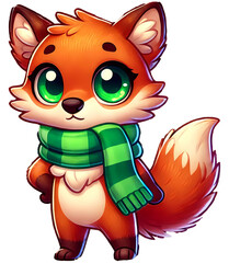 Cute Cartoon Fox in Green Scarf with Bright Green Eyes