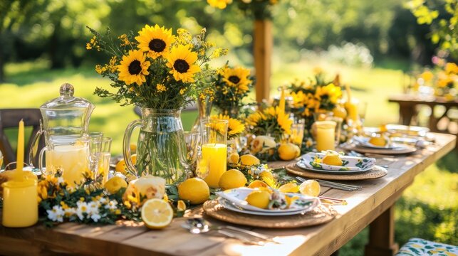 Sunny yellow summer garden party table setting with sunflowers and lemons.