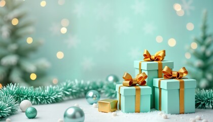 Pastel mint green gift boxes with golden ribbons, bows sit stacked on white surface. Christmas trees, decorations create festive background. Soft light, delicate snowflake patterns. Image evokes