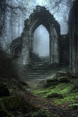 Fototapeta premium Stone archway, overgrown ruins, misty forest path.