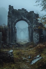 Obraz premium Stone archway ruins, overgrown, foggy landscape.