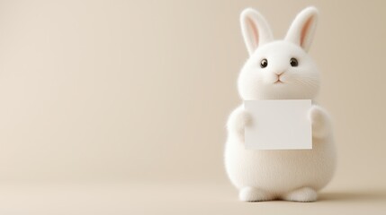 fluffy cute adorable white bunny holding a blanck paper in beige background