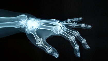 X-ray image shows human hand anatomy. Bones, joints clearly visible. Medical illustration for educational medical purposes. Healthcare professionals students, researchers may use image. High quality