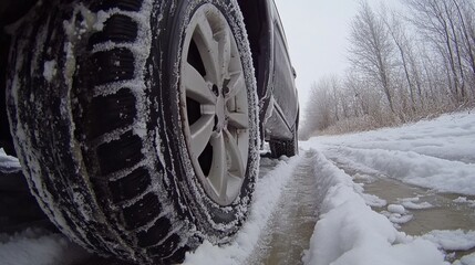 a car driving on a snowy road with a tire