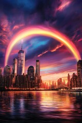 Fototapeta premium Bright rainbow arching over a futuristic city skyline at twilight, ideal for event posters, urban branding, or inspirational campaigns..