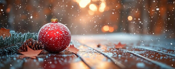 A festive red ornament dusted with snow sits on a wooden surface, surrounded by pine and falling snow. A perfect winter holiday image!