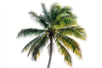 Single lush green coconut palm tree isolated on white background.
