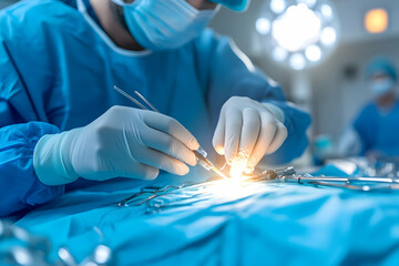 Surgeon Performs Operation with Surgical Instruments Carefully Under Bright Light in Operating Room with Medical Concept or Healthcare Concept.