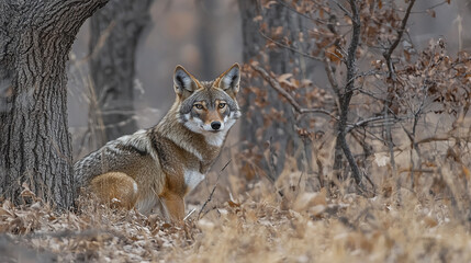 Coyote wildlife portrait in forest setting, beautiful grey predator face closeup, wild canine mammal with orange fur, carnivore animal in nature habitat, adorable canis latrans profile in wilderness.