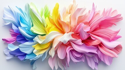 Fototapeta premium Vibrant rainbow colored abstract paper petals arranged in a flowing horizontal pattern isolated on a white background.