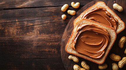 Creamy peanut butter spread on sliced bread, delicious breakfast sandwich on wooden table, nutritious protein rich snack with smooth nut paste energy, healthy organic meal top view, calories.