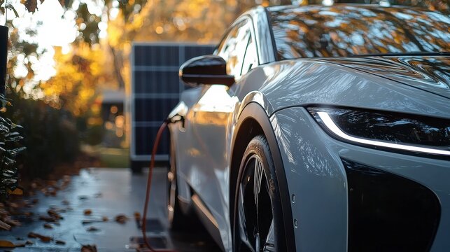 Gros plan d'une voiture &eacute;lectrique en charge avec des panneaux solaires en arri&egrave;re-plan, de couleur blanche, prise &agrave; la lumi&egrave;re du jour, photographie.