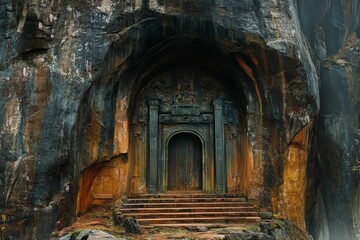 Ancient stone doorway, carved entrance, weathered steps.