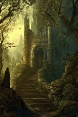 Overgrown stone stairway leads to ancient ruins.