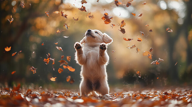 Golden retriever puppy playing in autumn park, adorable dog enjoying nature outdoors, playful pet frolicking among fallen leaves, cute canine breed portrait.