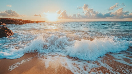 Turbulent sea with waves crashing on rocky coast, ocean shore alive with foamy splashes, beach scenery captured in dynamic wallpaper, nature power displayed along water edge.