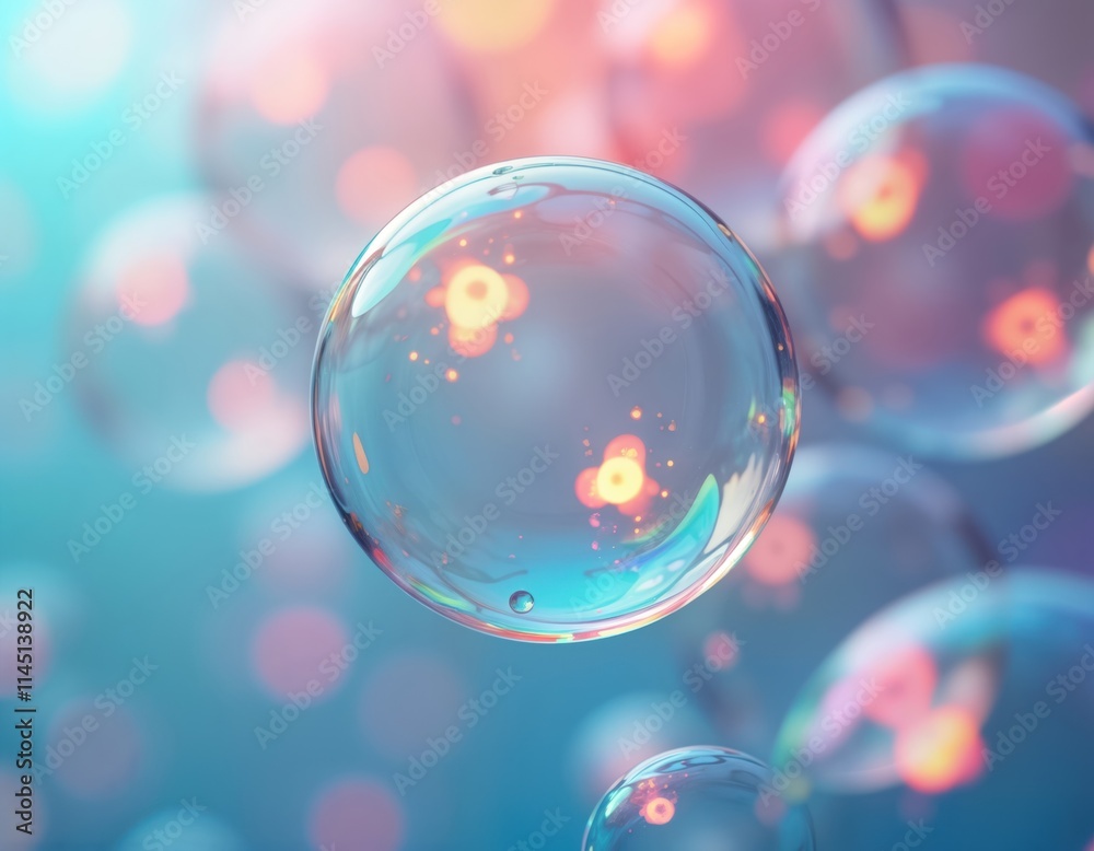 Fototapete Closeup view of iridescent soap bubbles. Light refraction creates colorful patterns. Abstract design. Bubbles float in air against pastel blue background. Image evokes sense of wonder, scientific