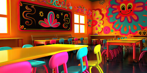 Classroom Interior with Colorful Furniture and Murals