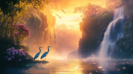 Serene sunrise over a waterfall in a lush, vibrant jungle with two herons by the water.