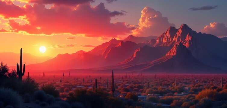Arizona desert landscape at sunset. Reddish-orange sun sets behind mountain range. Cacti, desert plants scattered across landscape. Small town village visible nestled in valley. Dramatic colors,
