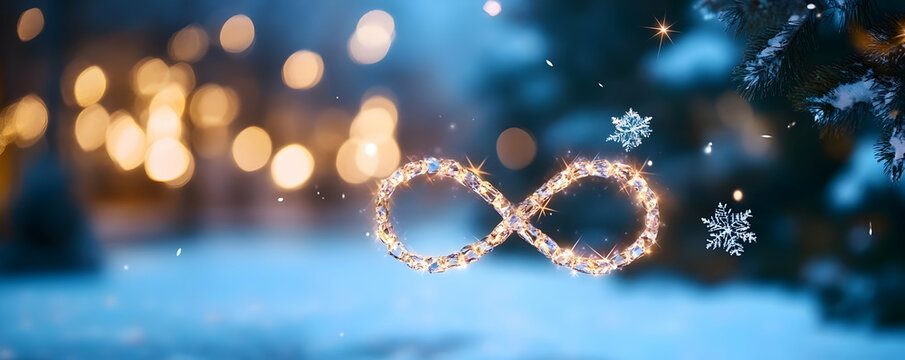 Infinity Symbol Glowing in Winter Wonderland with Snowflakes and Golden Lights Reflecting on Snowy Ground with Magical Winter Theme